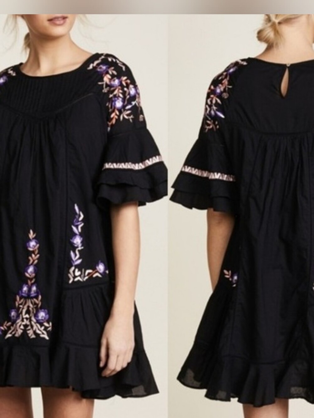 Free People Black Palvo Embroidery Accent Mini Dress Misses Size XS